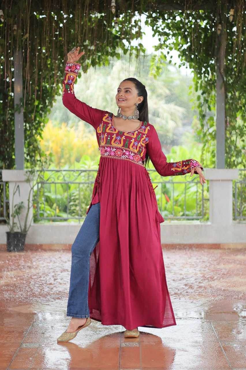 Reyon Cotton Long Embroidered Navratri Kurti - MYLUXURY LANE ENTERPRISE